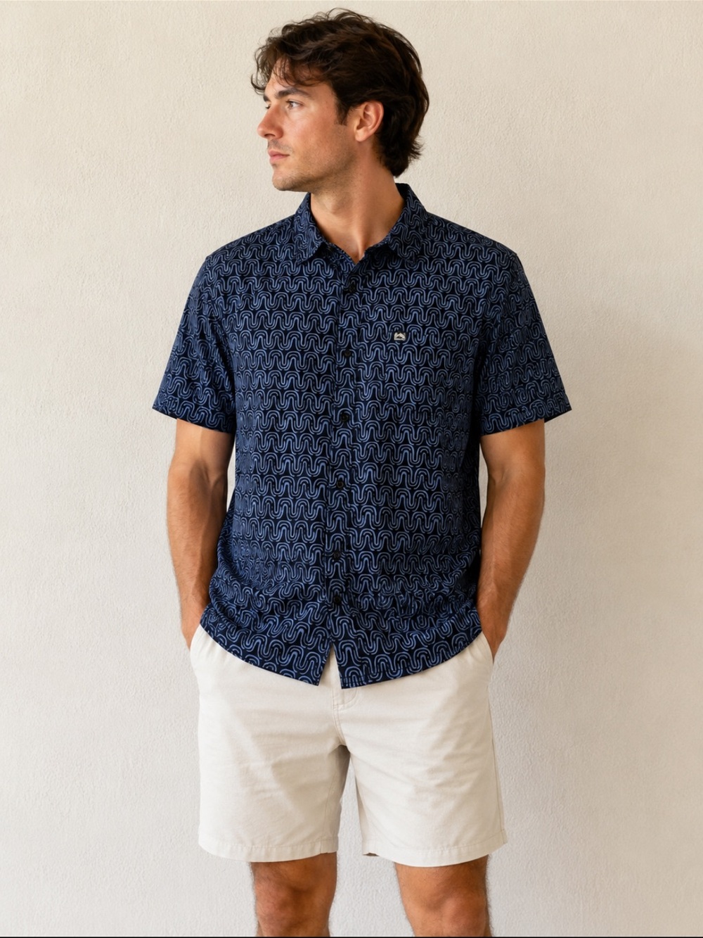 Quiksilver Clean Lines Geometric Print Button Up Shirt Mens Small Blue Casual